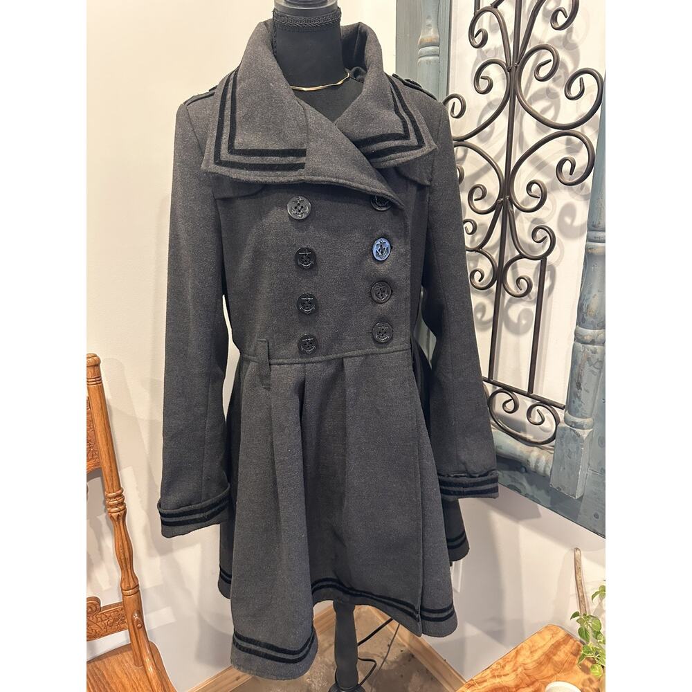 Hell Bunny Coat Women Large Gray Millie Sailor Peacoat Double Breasted (no belt)